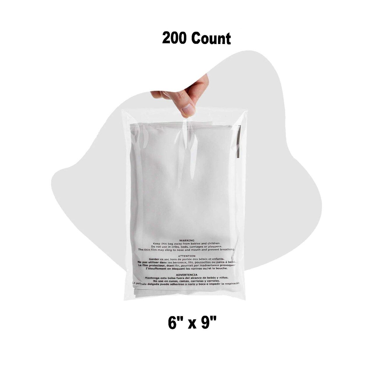 200 Count Resealable Clear Poly Bags Self-Seal Cellophane Packaging with Suffocation Warning 6" x 9"
